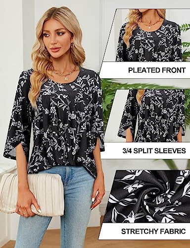 Viracy 3/4 Sleeve Tunic Tops to Wear with Leggings Crewneck Pleated Long Loose Fit Shirt Blouses - 5