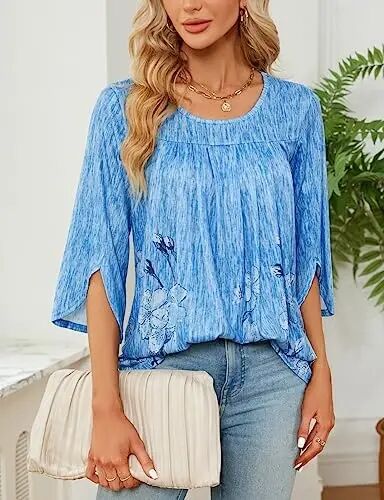 Viracy 3/4 Sleeve Tunic Tops to Wear with Leggings Crewneck Pleated Long Loose Fit Shirt Blouses - 3