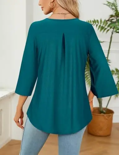Viracy 3/4 Sleeve Tunic Tops to Wear with Leggings Crewneck Pleated Long Loose Fit Shirt Blouses - 2