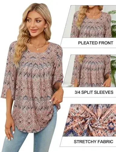 Viracy 3/4 Sleeve Tunic Tops to Wear with Leggings Crewneck Pleated Long Loose Fit Shirt Blouses - 5