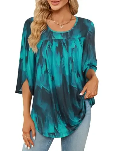 Viracy 3/4 Sleeve Tunic Tops to Wear with Leggings Crewneck Pleated Long Loose Fit Shirt Blouses - 1