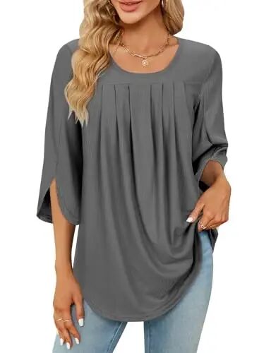 Viracy 3/4 Sleeve Tunic Tops to Wear with Leggings Crewneck Pleated Long Loose Fit Shirt Blouses - 1