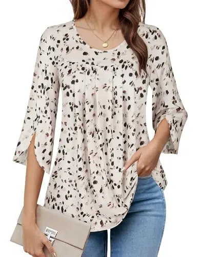 Viracy 3/4 Sleeve Tunic Tops to Wear with Leggings Crewneck Pleated Long Loose Fit Shirt Blouses - 1