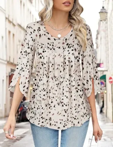 Viracy 3/4 Sleeve Tunic Tops to Wear with Leggings Crewneck Pleated Long Loose Fit Shirt Blouses - 3