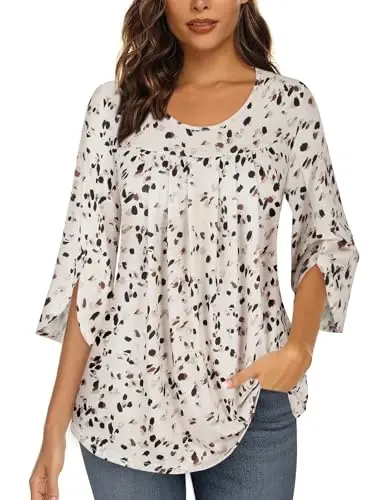 Viracy 3/4 Sleeve Tunic Tops to Wear with Leggings Crewneck Pleated Long Loose Fit Shirt Blouses - 4