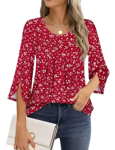 Viracy 3/4 Sleeve Tunic Tops to Wear with Leggings Crewneck Pleated Long Loose Fit Shirt Blouses - Modazone (1)