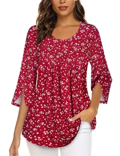 Viracy 3/4 Sleeve Tunic Tops to Wear with Leggings Crewneck Pleated Long Loose Fit Shirt Blouses - 4