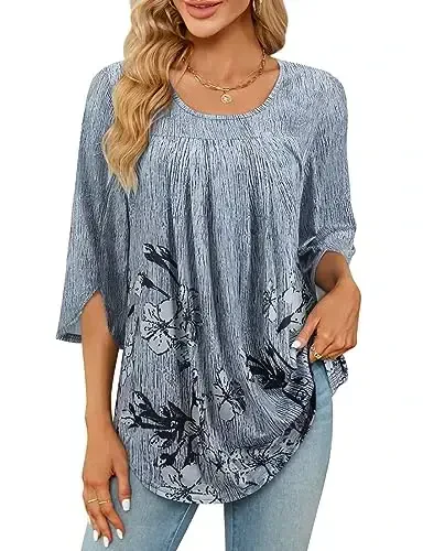 Viracy 3/4 Sleeve Tunic Tops to Wear with Leggings Crewneck Pleated Long Loose Fit Shirt Blouses - 1