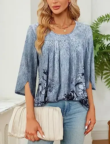 Viracy 3/4 Sleeve Tunic Tops to Wear with Leggings Crewneck Pleated Long Loose Fit Shirt Blouses - 3