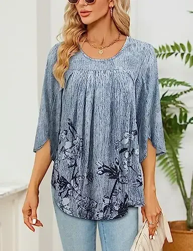 Viracy 3/4 Sleeve Tunic Tops to Wear with Leggings Crewneck Pleated Long Loose Fit Shirt Blouses - 4