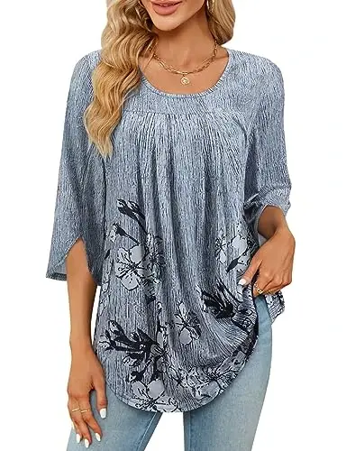 Viracy 3/4 Sleeve Tunic Tops to Wear with Leggings Crewneck Pleated Long Loose Fit Shirt Blouses 