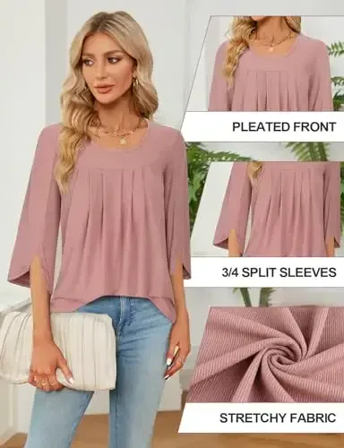 Viracy 3/4 Sleeve Tunic Tops to Wear with Leggings Crewneck Pleated Long Loose Fit Shirt Blouses - 5