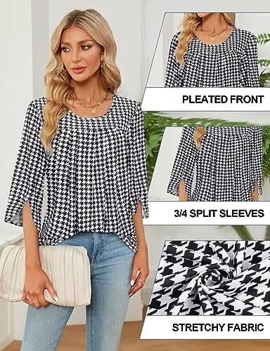 Viracy 3/4 Sleeve Tunic Tops to Wear with Leggings Crewneck Pleated Long Loose Fit Shirt Blouses - 5