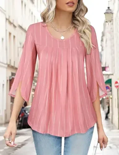 Viracy 3/4 Sleeve Tunic Tops to Wear with Leggings Crewneck Pleated Long Loose Fit Shirt Blouses - 3