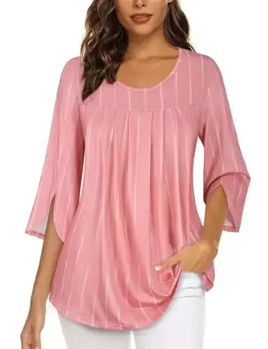 Viracy 3/4 Sleeve Tunic Tops to Wear with Leggings Crewneck Pleated Long Loose Fit Shirt Blouses - 4