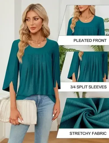 Viracy 3/4 Sleeve Tunic Tops to Wear with Leggings Crewneck Pleated Long Loose Fit Shirt Blouses - 5