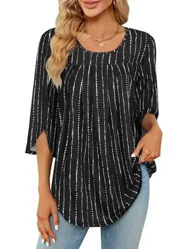 Viracy 3/4 Sleeve Tunic Tops to Wear with Leggings Crewneck Pleated Long Loose Fit Shirt Blouses 