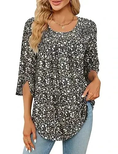 Viracy 3/4 Sleeve Tunic Tops to Wear with Leggings Crewneck Pleated Long Loose Fit Shirt Blouses 