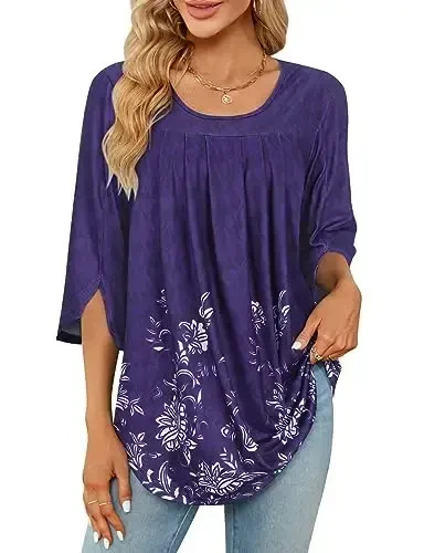 Viracy 3/4 Sleeve Tunic Tops to Wear with Leggings Crewneck Pleated Long Loose Fit Shirt Blouses - 1