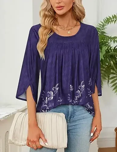 Viracy 3/4 Sleeve Tunic Tops to Wear with Leggings Crewneck Pleated Long Loose Fit Shirt Blouses - 3