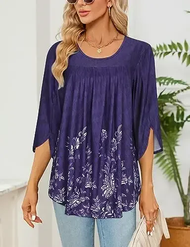Viracy 3/4 Sleeve Tunic Tops to Wear with Leggings Crewneck Pleated Long Loose Fit Shirt Blouses - 4