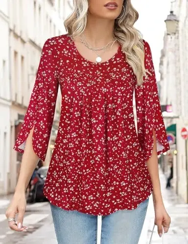 Viracy 3/4 Sleeve Tunic Tops to Wear with Leggings Crewneck Pleated Long Loose Fit Shirt Blouses - 3