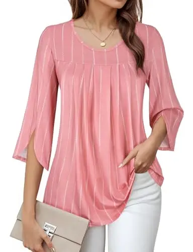 Viracy 3/4 Sleeve Tunic Tops to Wear with Leggings Crewneck Pleated Long Loose Fit Shirt Blouses 