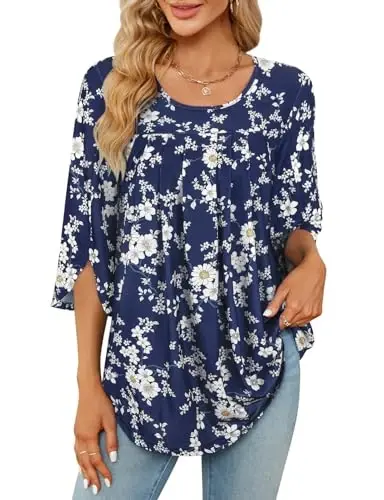 Viracy 3/4 Sleeve Tunic Tops to Wear with Leggings Crewneck Pleated Long Loose Fit Shirt Blouses - VIRACY
