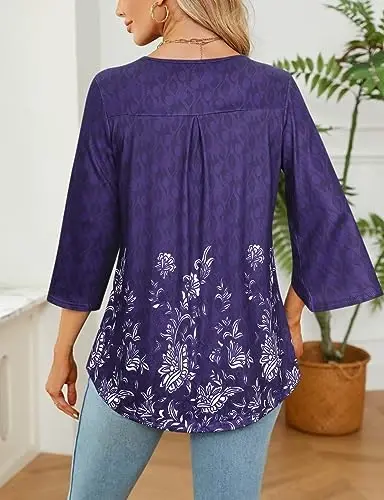 Viracy 3/4 Sleeve Tunic Tops to Wear with Leggings Crewneck Pleated Long Loose Fit Shirt Blouses - VIRACY (1)