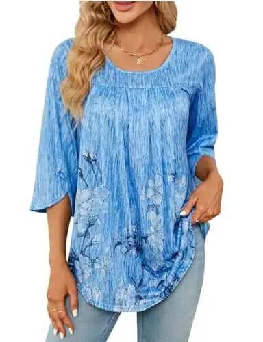 Viracy 3/4 Sleeve Tuniklar Leggings bilan kiyish uchun Crewneck pliseli uzun keng ko'ylak bluzkalar 