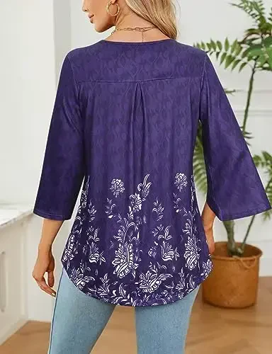 Viracy 3/4 yengli tunika toplamlari Leggings bilan kiyish uchun Crewneck pliseli uzun keng ko'ylak bluzkalar - VIRACY (1)