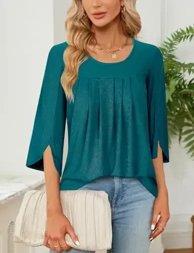 Viracy 3/4 yengli tunika toplamlari Leggings bilan kiyish uchun ekipaj bo'yinli plisse uzun keng ko'ylak bluzkalari - 3