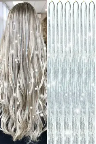 Viral Grey Silver Glitter Tinsel Hair Tinsel Extensions - 1