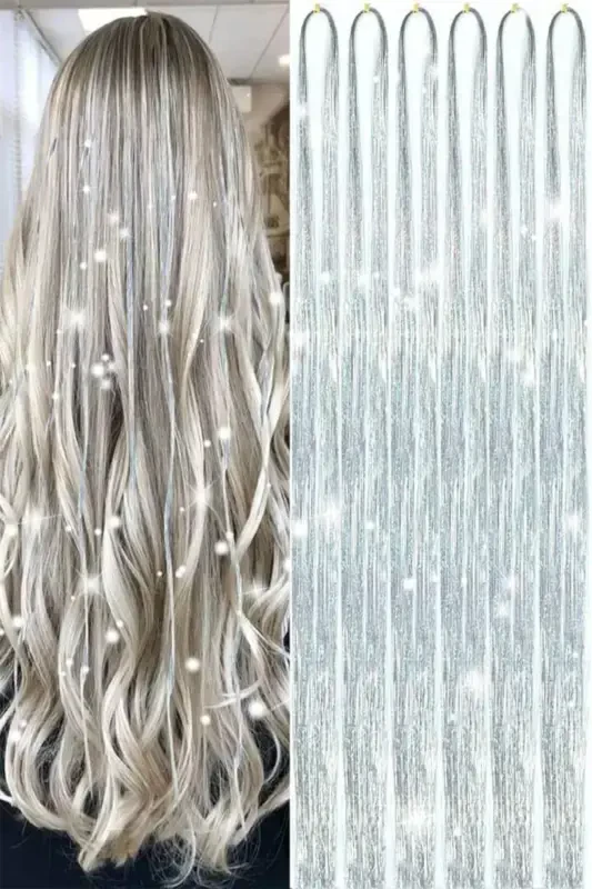 Viral Grey Silver Glitter Tinsel Hair Tinsel Extensions - 1