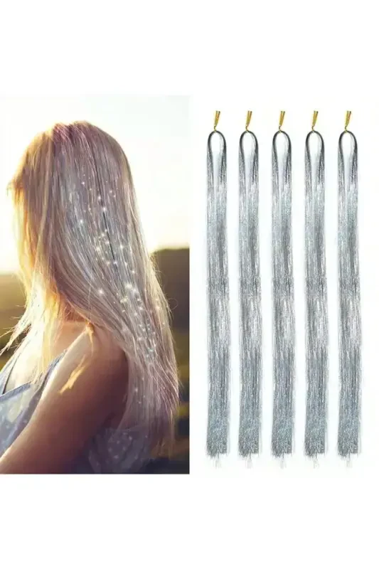 Viral Grey Silver Glitter Tinsel Hair Tinsel Extensions - 3