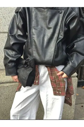 Viral Oversize Kadın Deri Ceket Yüksek Yaka Siyah Urban Style Kadın Deri Ceket - Siyah&Black - 4
