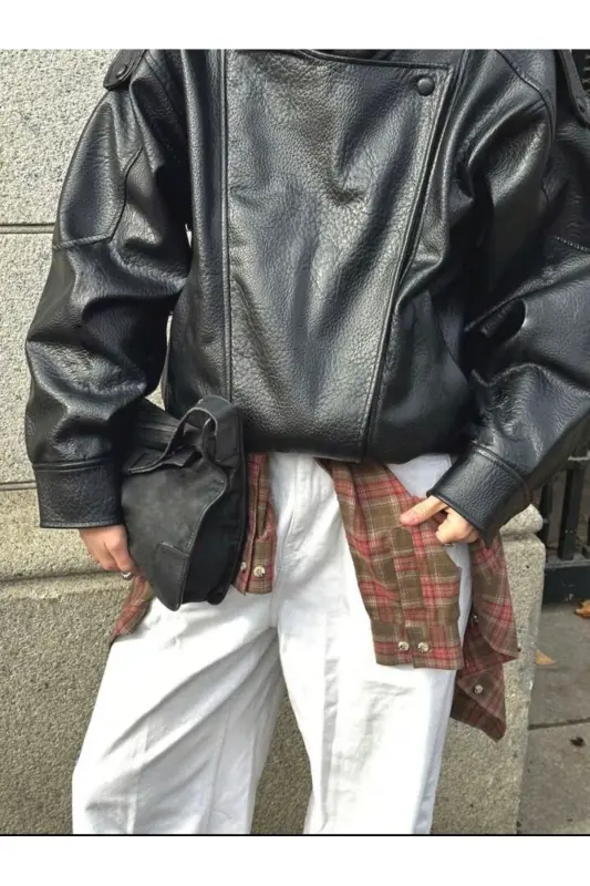 Viral Oversize Kadın Deri Ceket Yüksek Yaka Siyah Urban Style Kadın Deri Ceket - Siyah&Black - 4