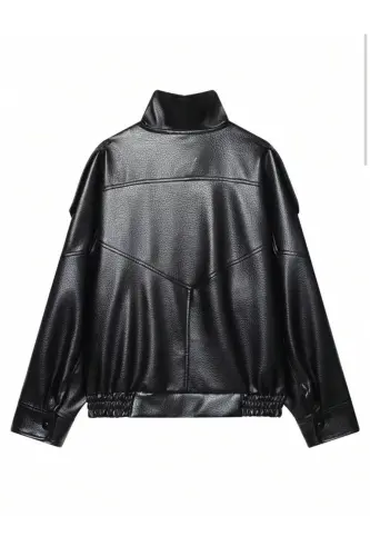 Viral Oversize Kadın Deri Ceket Yüksek Yaka Siyah Urban Style Kadın Deri Ceket - Siyah&Black - 7