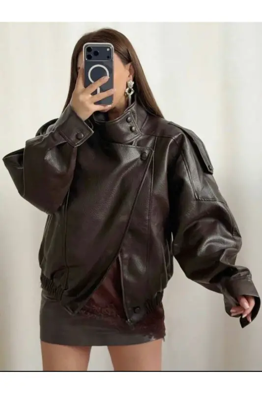 Viral Oversize Kadın Deri Ceket Yüksek Yaka Siyah Urban Style Kadın Deri Ceket-Acı Kahve - 3