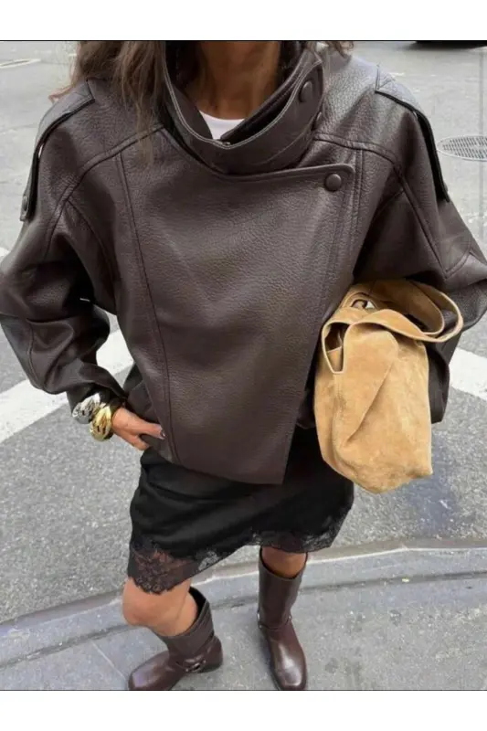 Viral Oversize Kadın Deri Ceket Yüksek Yaka Siyah Urban Style Kadın Deri Ceket-Acı Kahve - 6