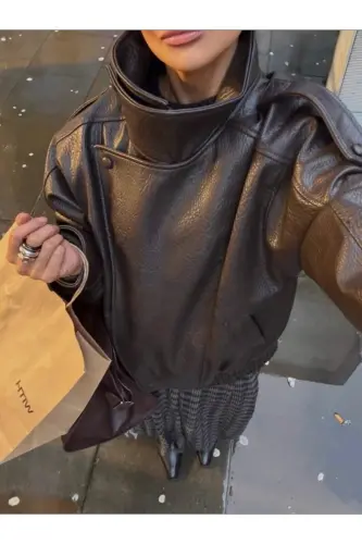 Viral Oversize Kadın Deri Ceket Yüksek Yaka Siyah Urban Style Kadın Deri Ceket-Acı Kahve - 7