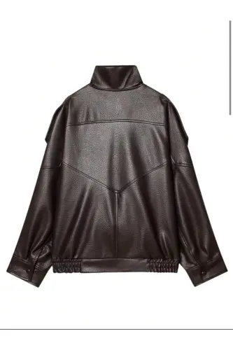 Viral Oversize Kadın Deri Ceket Yüksek Yaka Siyah Urban Style Kadın Deri Ceket-Acı Kahve - 8