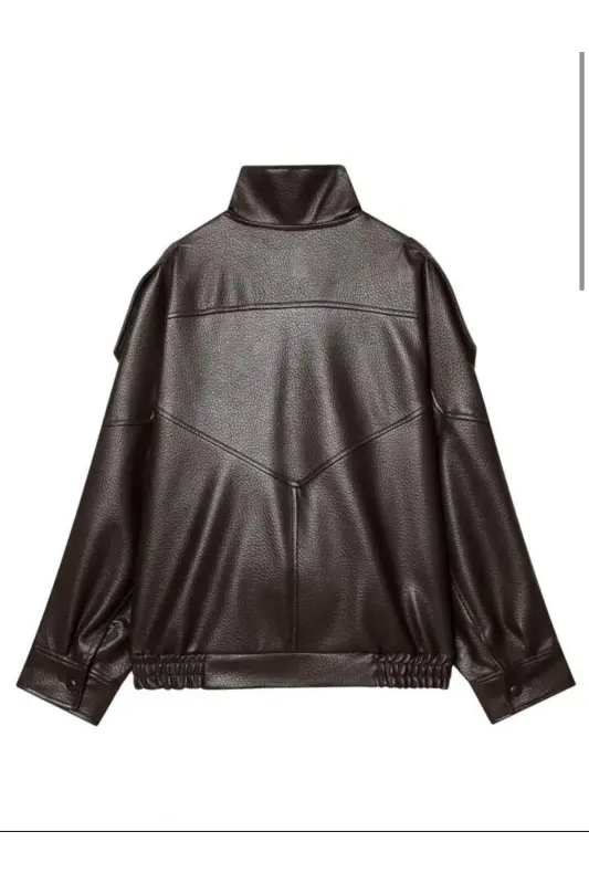 Viral Oversize Kadın Deri Ceket Yüksek Yaka Siyah Urban Style Kadın Deri Ceket-Acı Kahve - 8