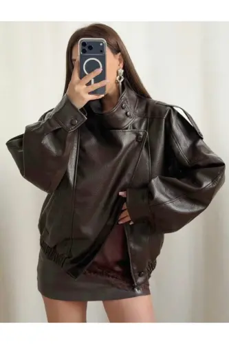 Viral Oversize Kadın Deri Ceket Yüksek Yaka Siyah Urban Style Kadın Deri Ceket - Acı Kahve 