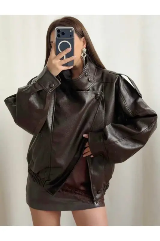 Viral Oversize Kadın Deri Ceket Yüksek Yaka Siyah Urban Style Kadın Deri Ceket - Acı Kahve - 1