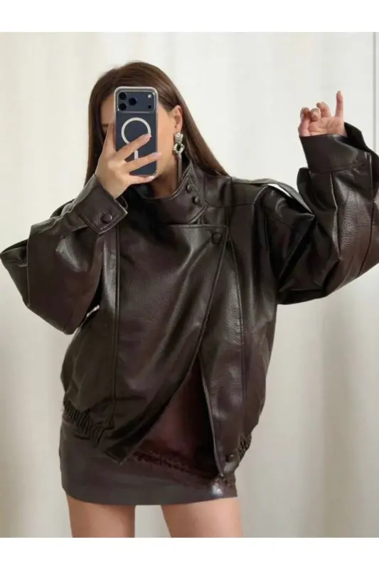 Viral Oversize Kadın Deri Ceket Yüksek Yaka Siyah Urban Style Kadın Deri Ceket - Acı Kahve - 2