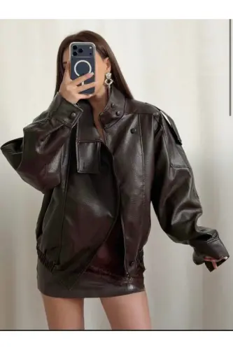 Viral Oversize Kadın Deri Ceket Yüksek Yaka Siyah Urban Style Kadın Deri Ceket - Acı Kahve - 4