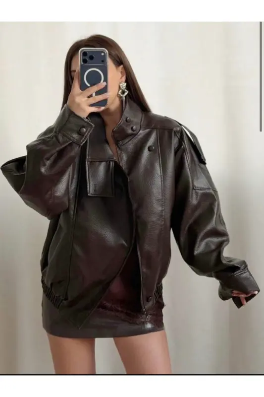Viral Oversize Kadın Deri Ceket Yüksek Yaka Siyah Urban Style Kadın Deri Ceket - Acı Kahve - 4