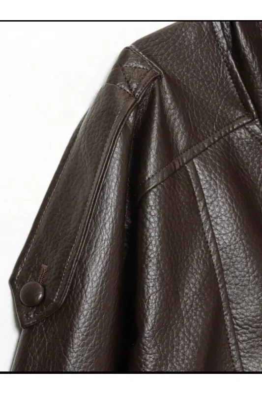 Viral Oversize Kadın Deri Ceket Yüksek Yaka Siyah Urban Style Kadın Deri Ceket-Acı Kahve&Dark Brown - 3
