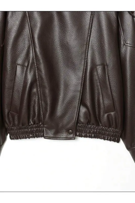 Viral Oversize Kadın Deri Ceket Yüksek Yaka Siyah Urban Style Kadın Deri Ceket-Acı Kahve&Dark Brown - 4